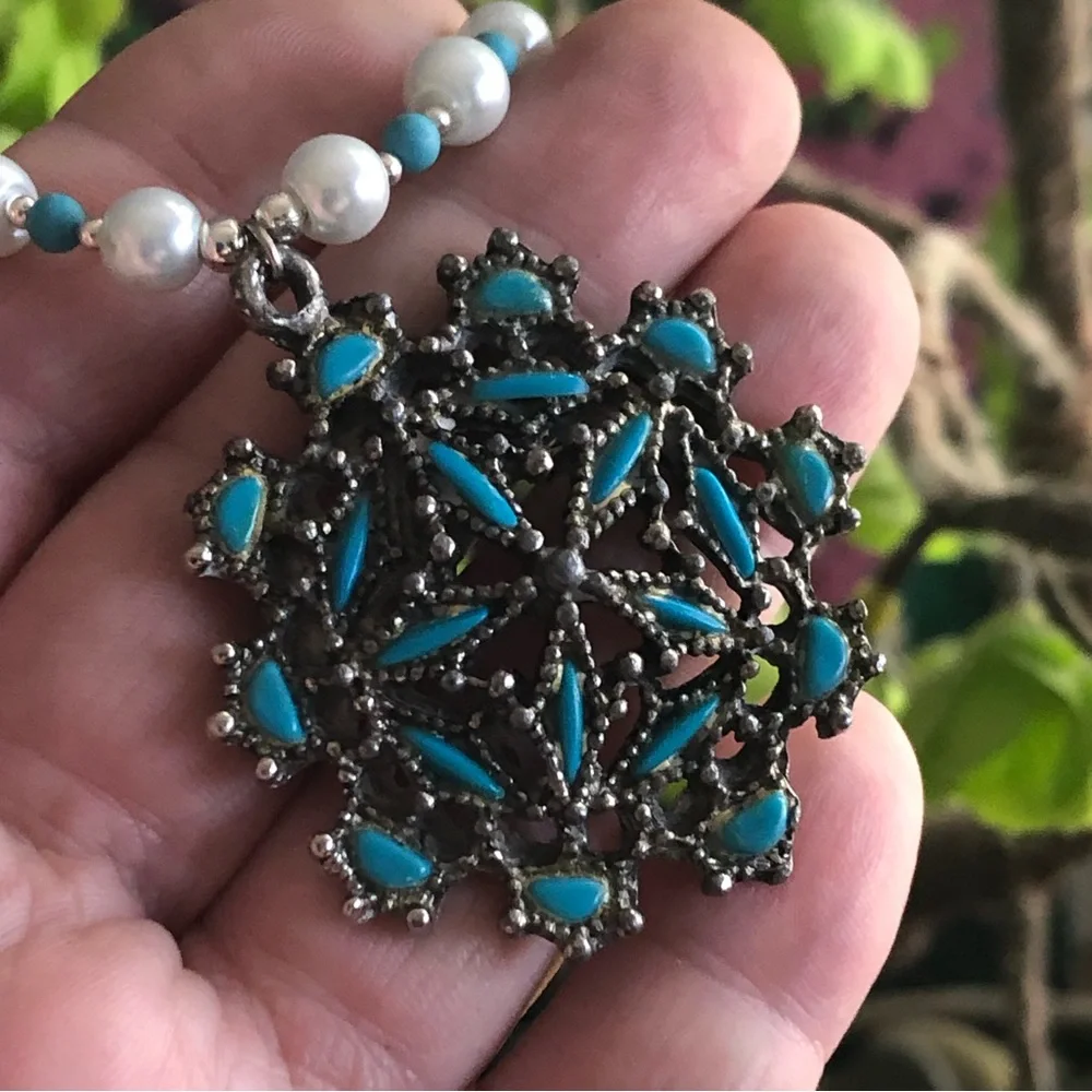 Handcrafted repurpose howlite cluster pendant Czech glass Pearl necklace